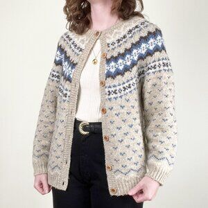 Vintage Fair Isle Wool Blend Long Cardigan Sweater Scandinavian Oversized Chunky
